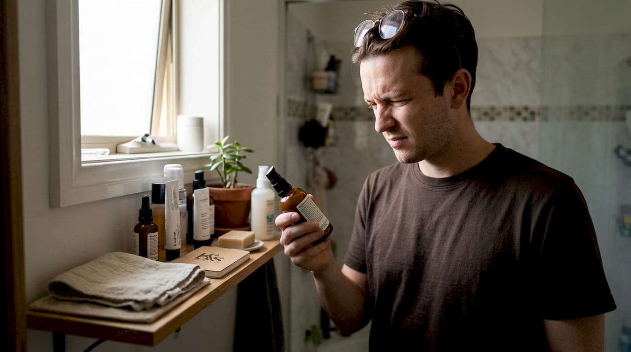 Man checking moisturizer label in bathroom