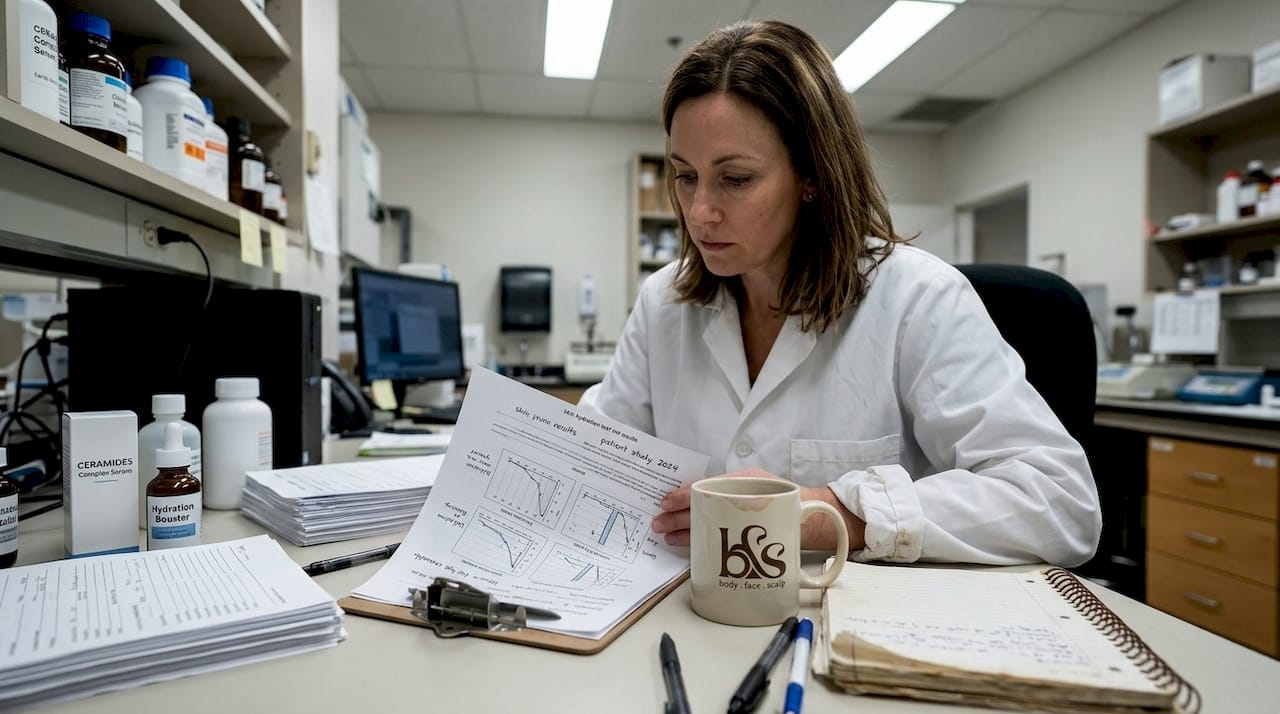 Researcher reviewing skincare test results