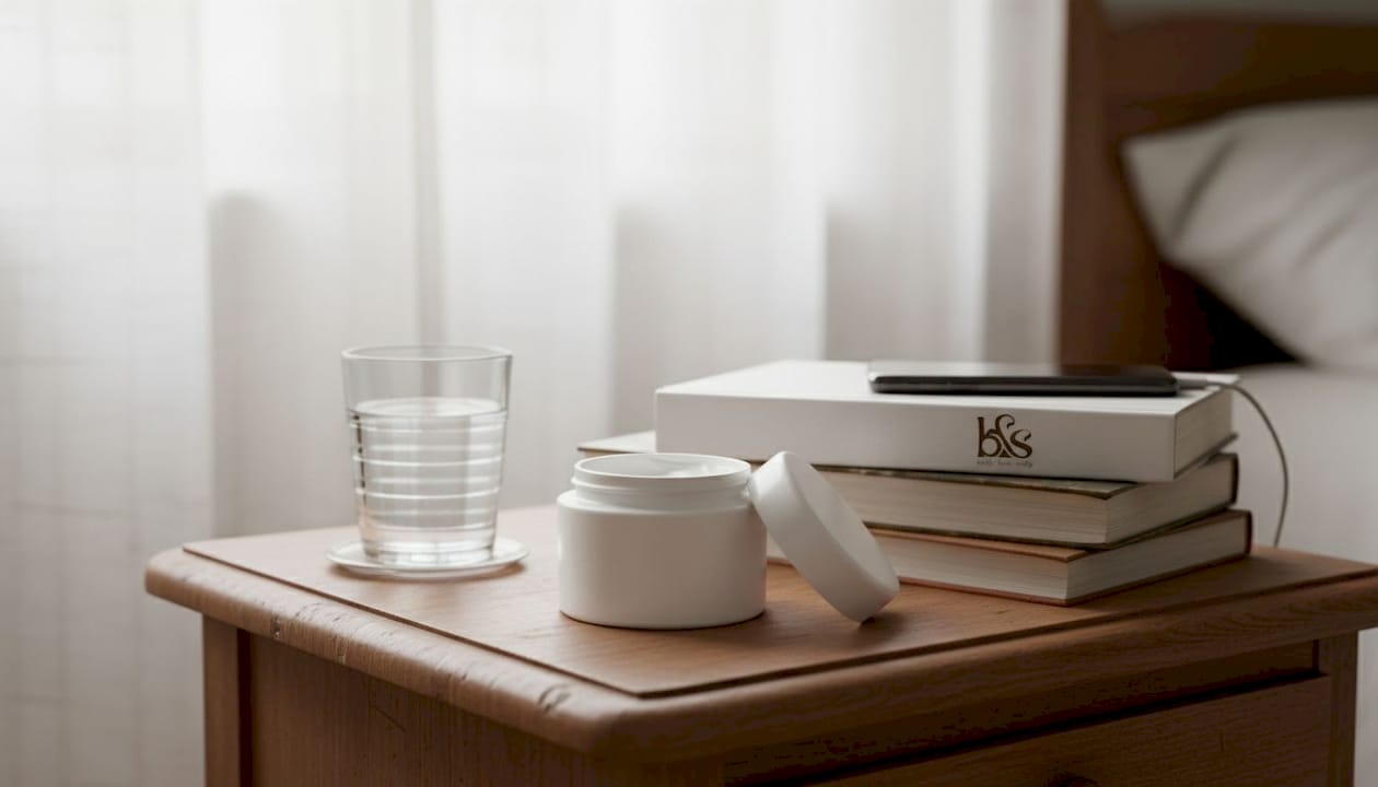 Jar of cream on wooden bedside table
