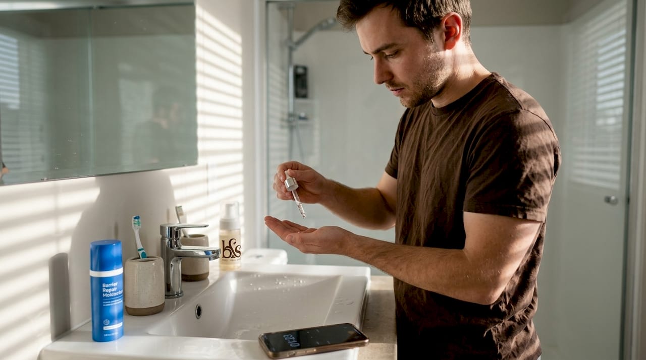 Man layering skincare steps at sink