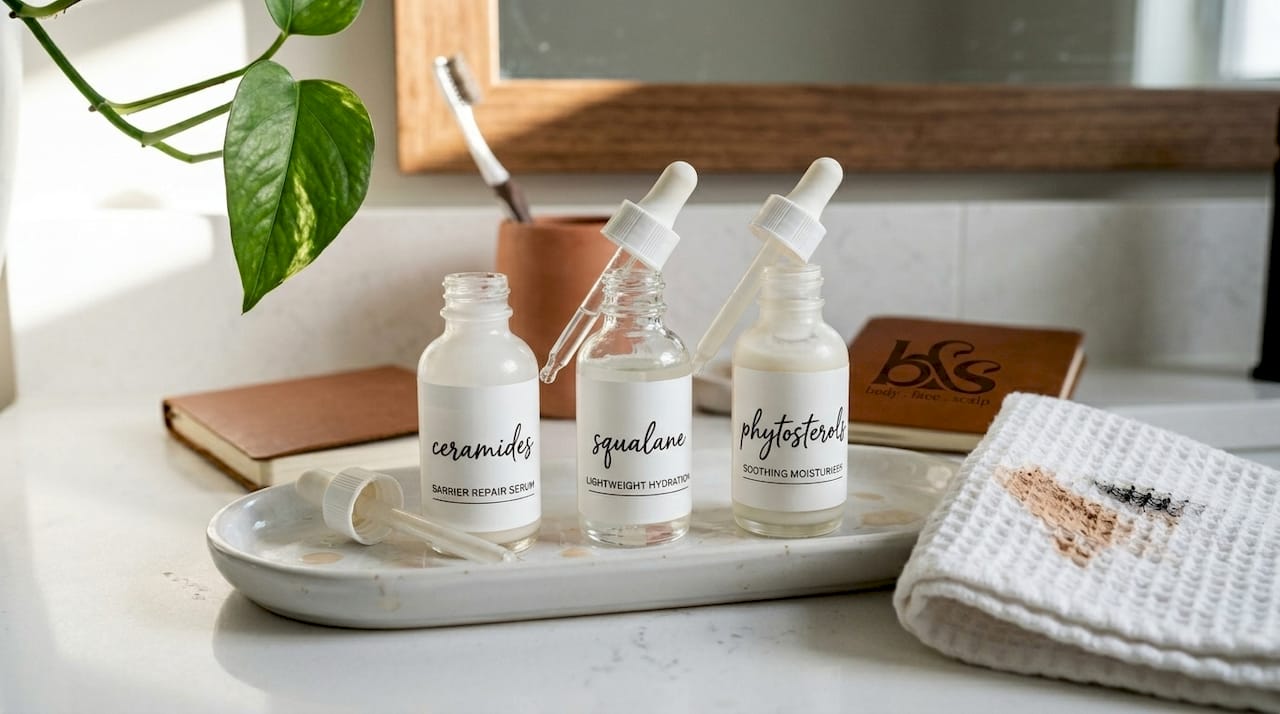 Ceramides squalane phytosterols bottles on tray