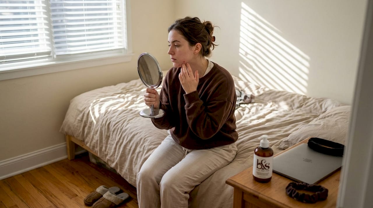 Woman examining skin spot in hand mirror