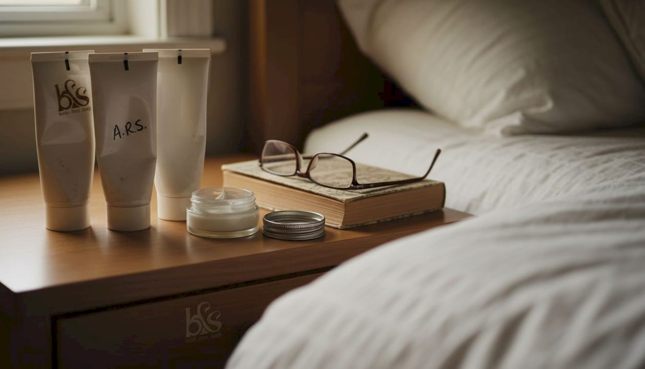 Close-up of skin creams on nightstand