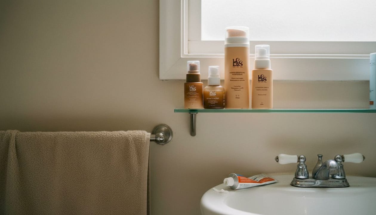 Face care products on cluttered bathroom shelf