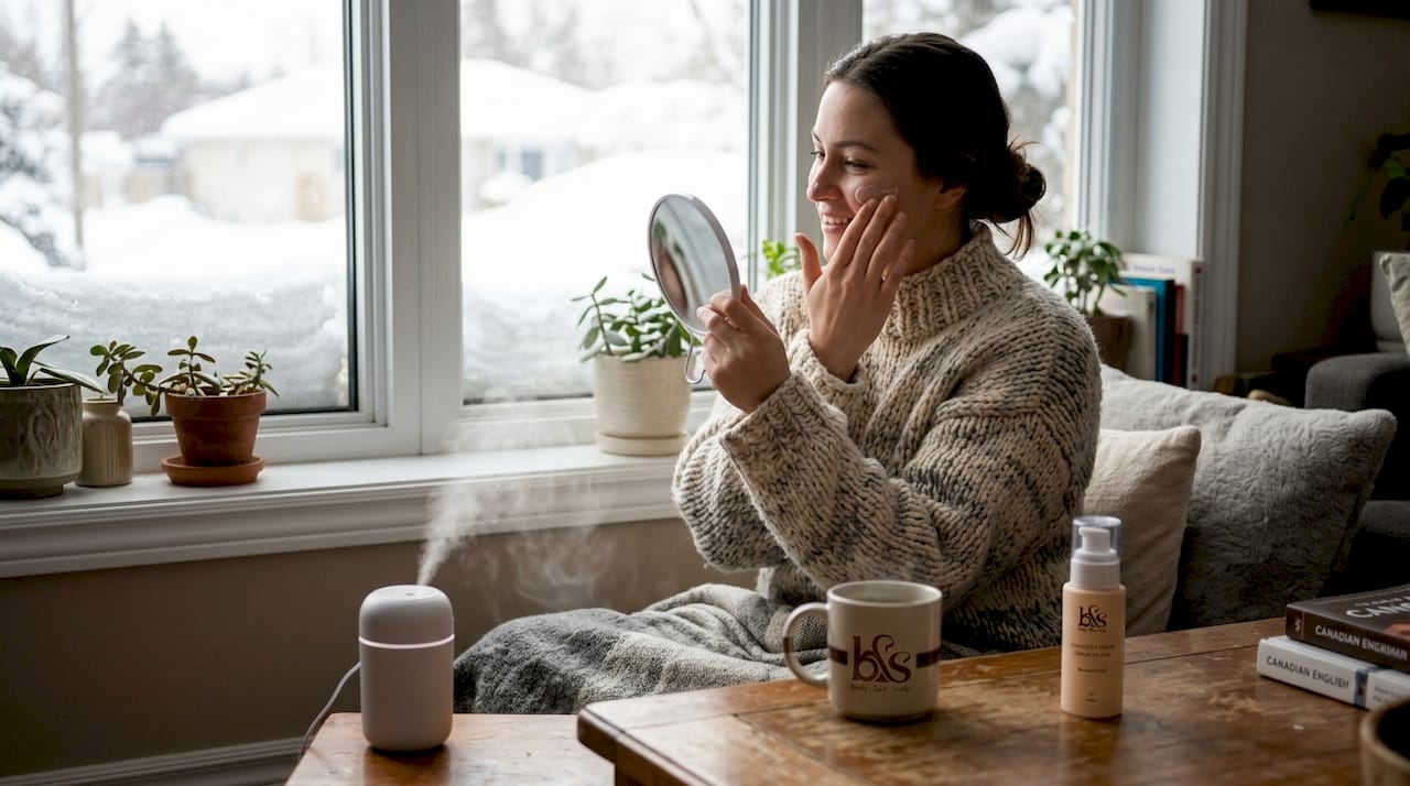 Woman moisturizing skin in winter living room