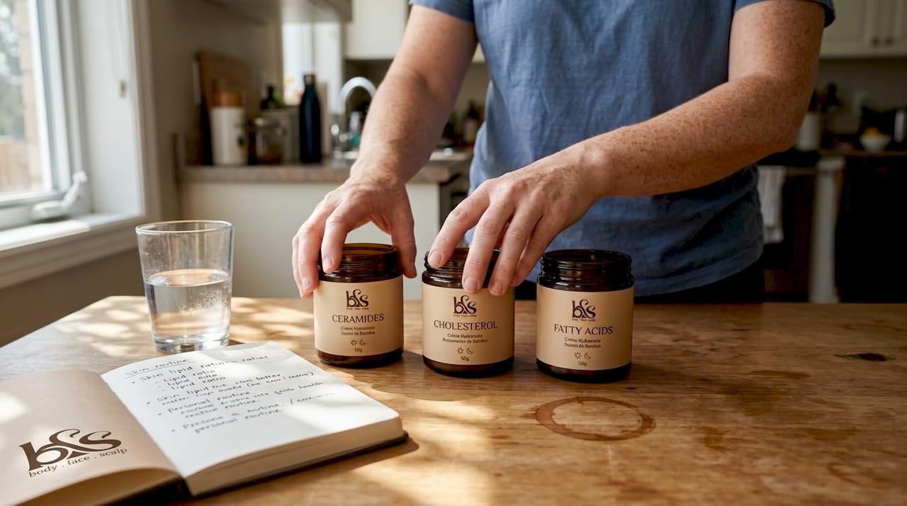 Hands arranging skincare ingredient jars on table