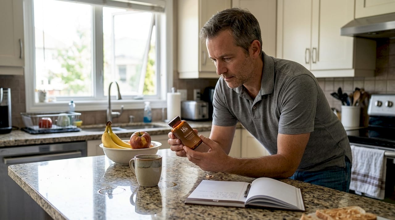 Man reading vitamin bottle in kitchen