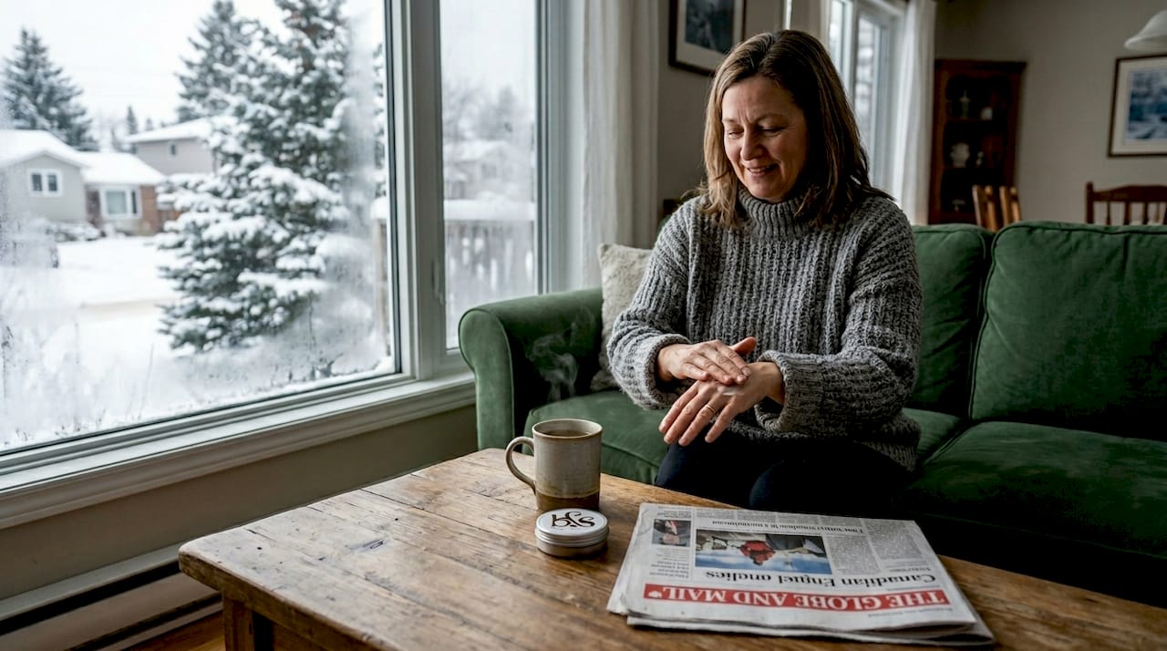 Woman treating dry hands in winter at home