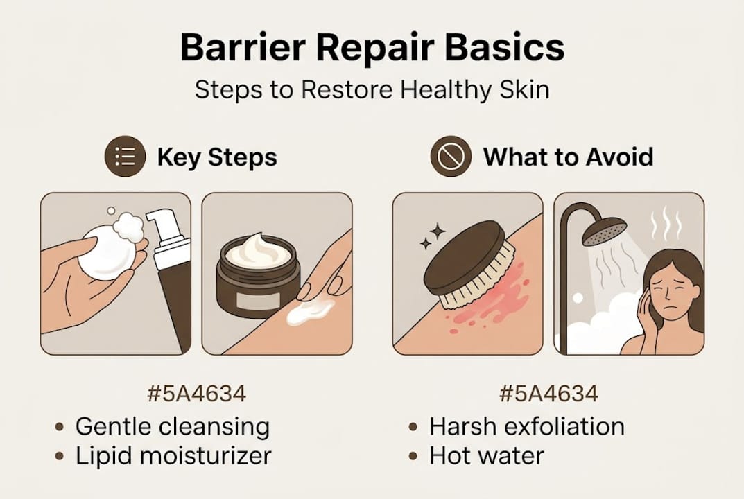 Infographic showing steps and cautions for skin barrier repair