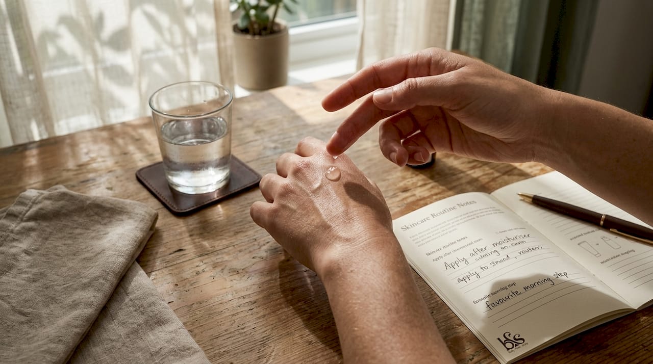 Hand layering serum on moisturized skin