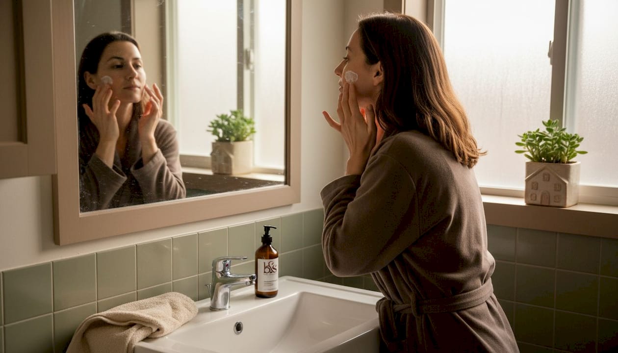 Woman applies moisturizer in bathroom at home