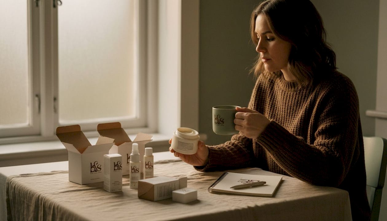 Woman reading ingredients on skincare jar in kitchen