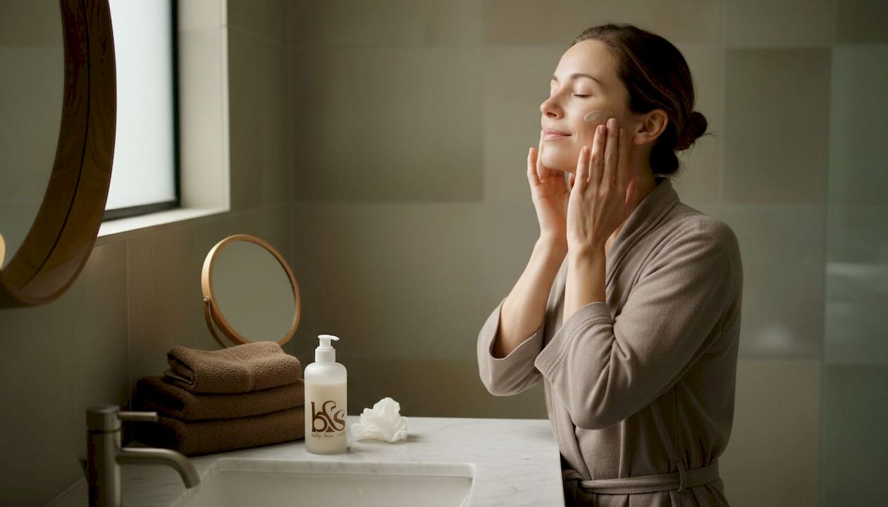 Woman applies moisturizer in sunlit bathroom
