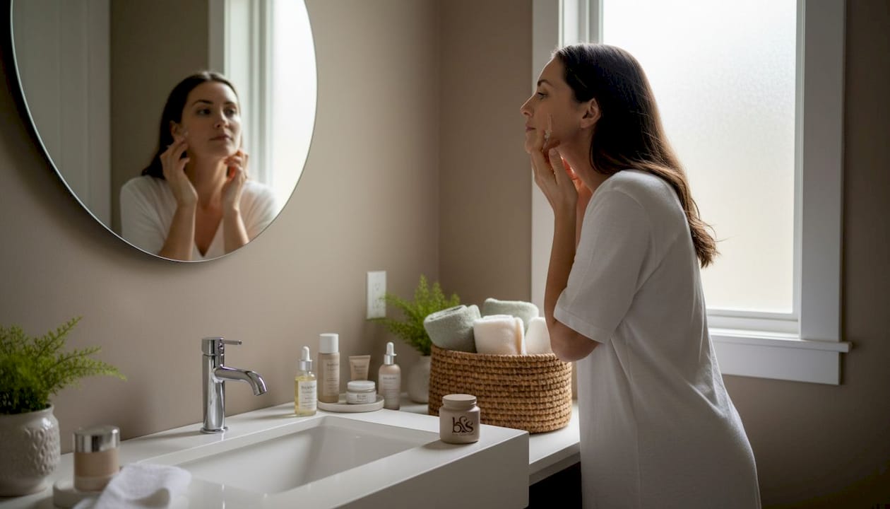 Woman applying serum at bathroom mirror