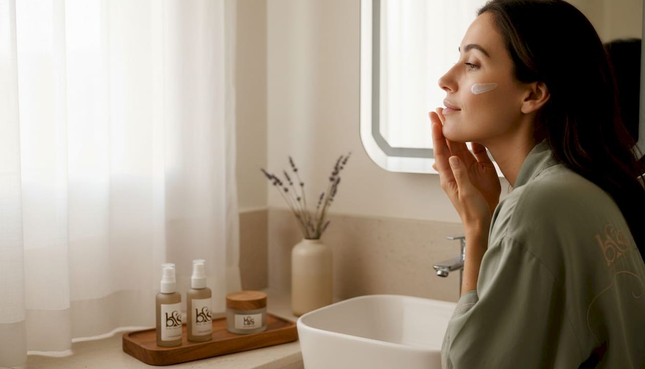 Woman applying sunscreen at home in morning
