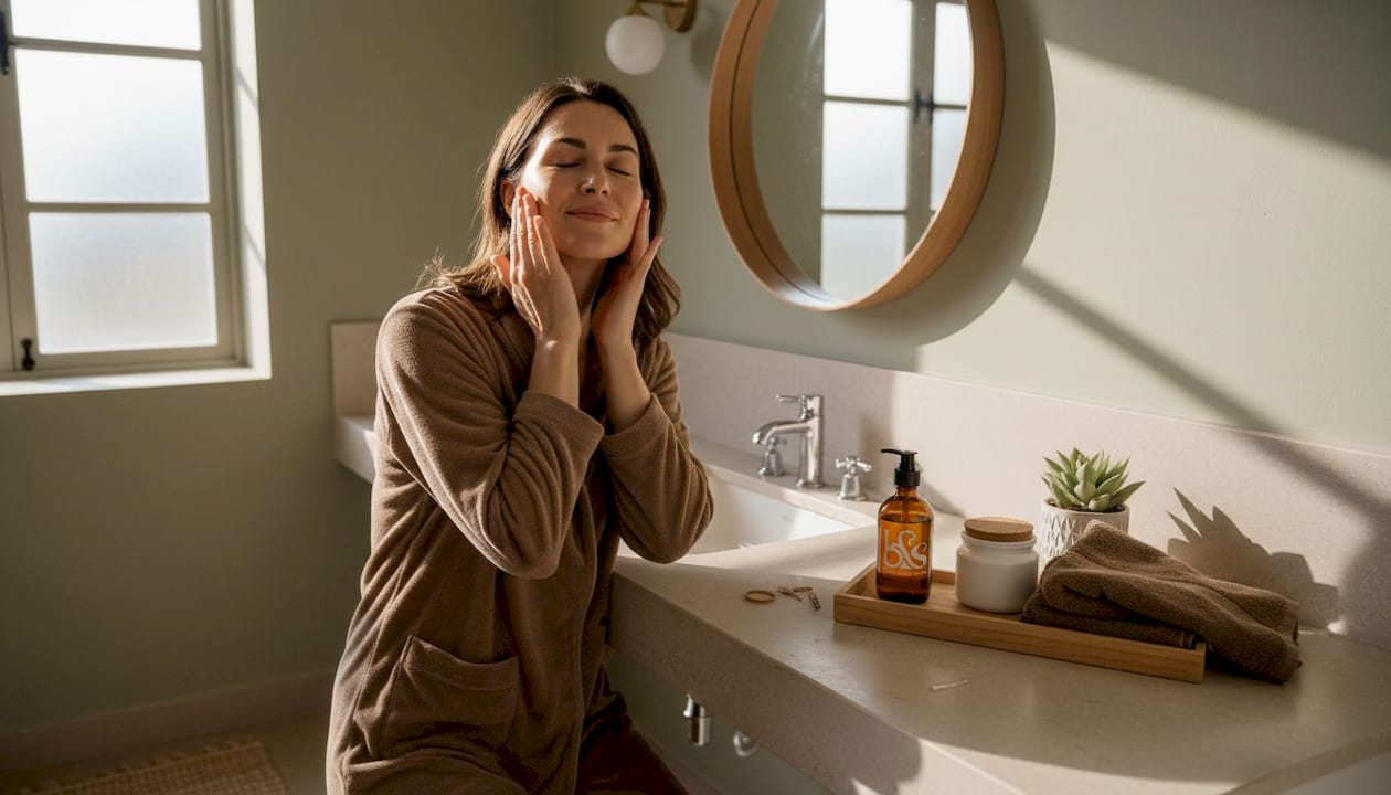 Woman applies moisturizer in softly lit bathroom