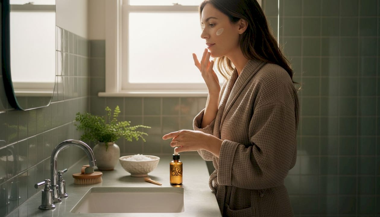 Woman finishing morning skincare at bathroom sink