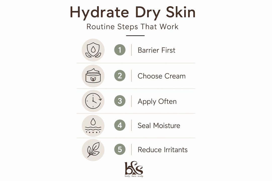Infographic showing five dry skin care routine steps