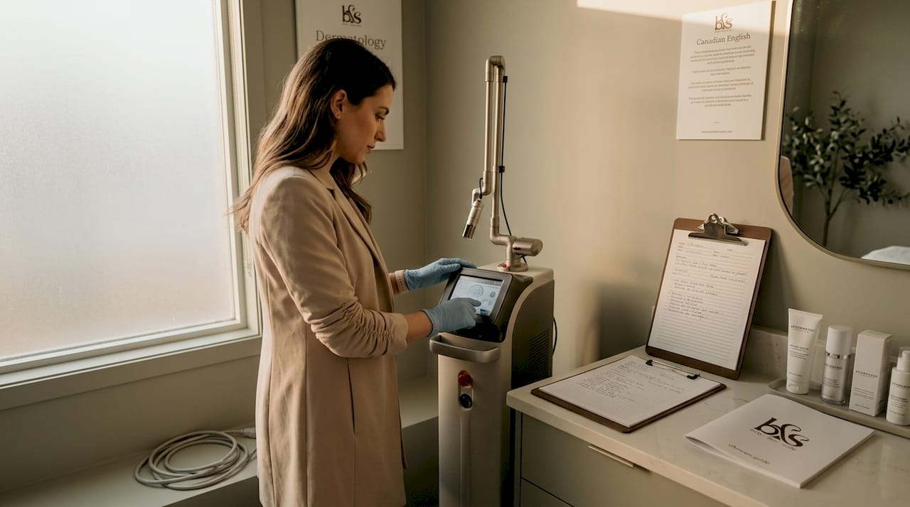 Dermatologist preparing fractional laser device in clinic