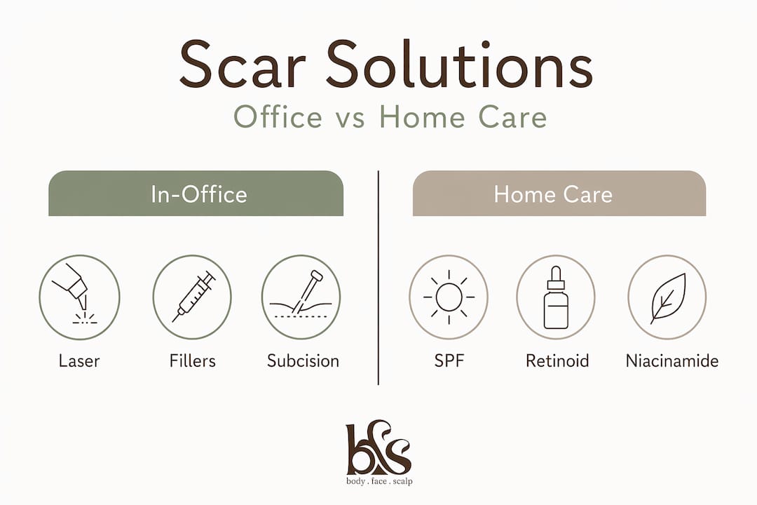 Infographic comparing in-office and home acne scar treatments