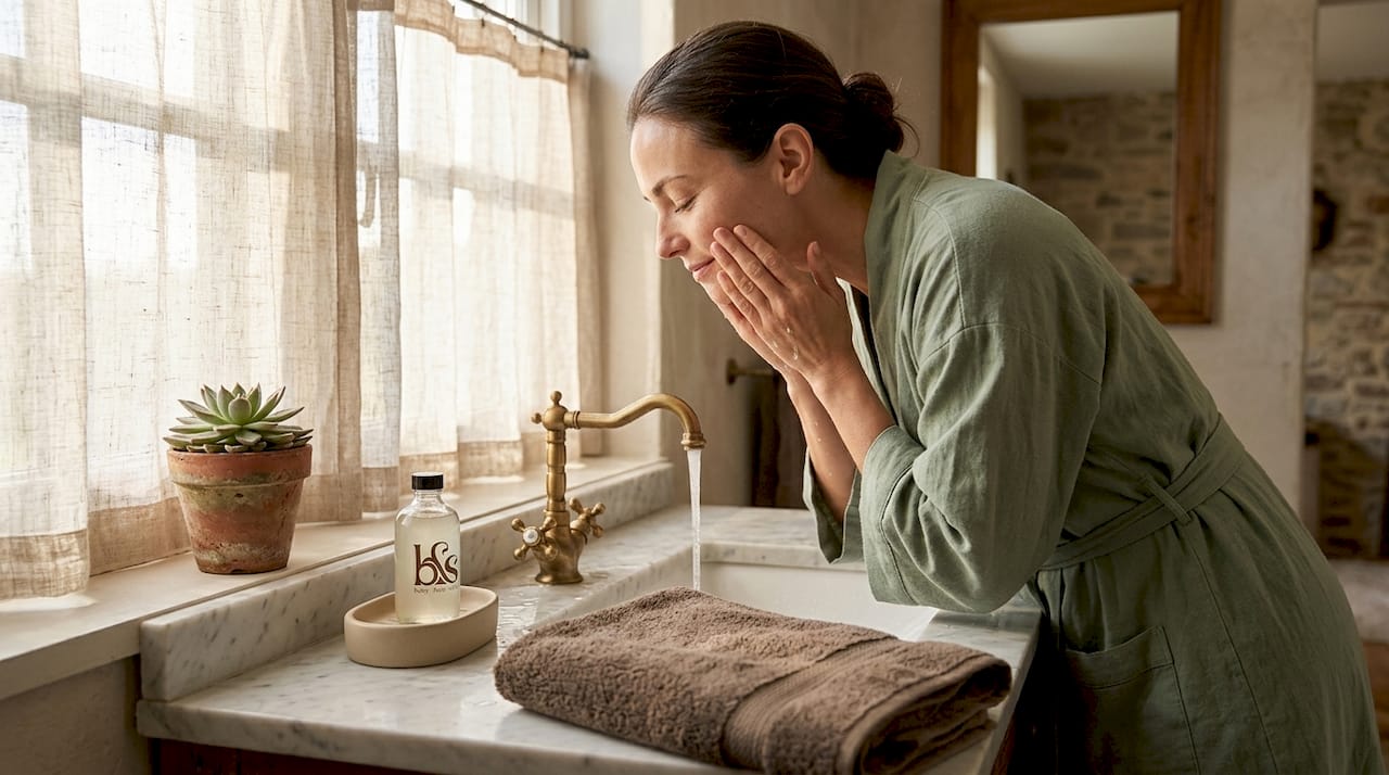 Woman gently cleansing face in morning