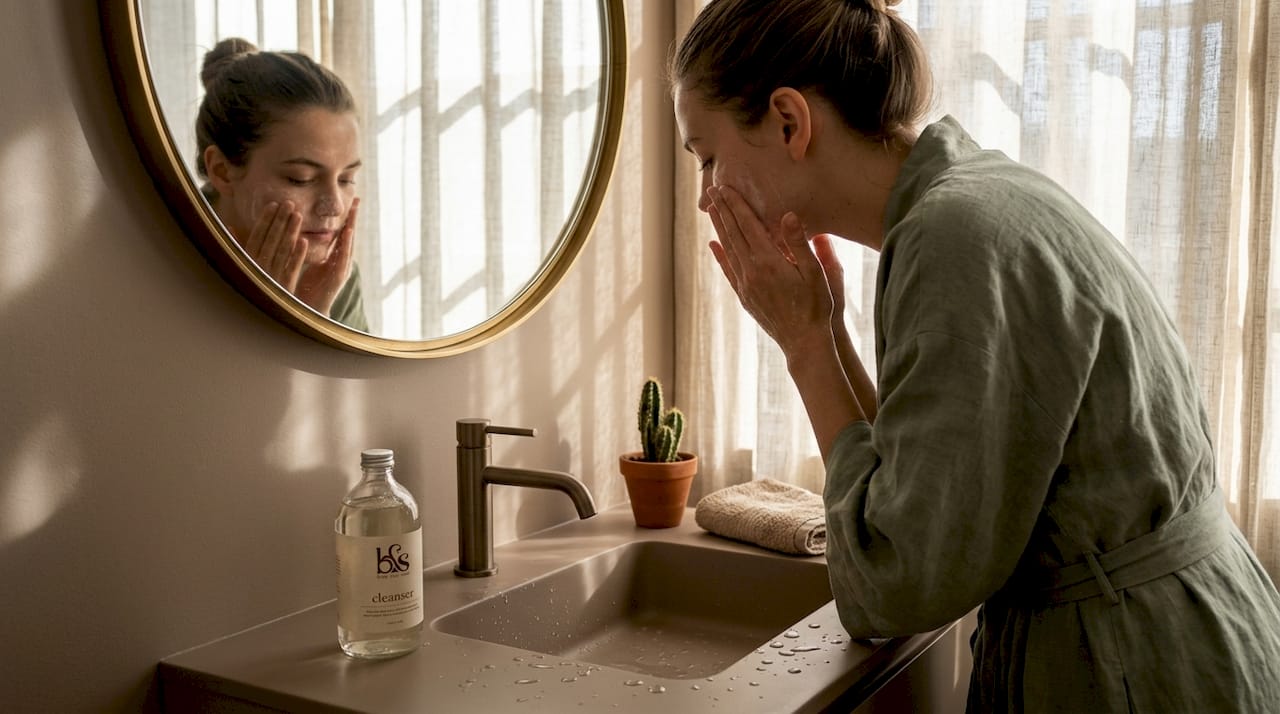 Woman cleansing face in bright bathroom
