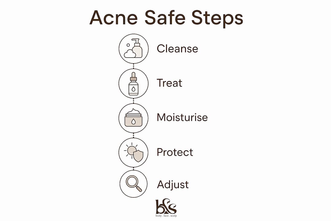 Infographic showing key steps of acne safe skincare routine