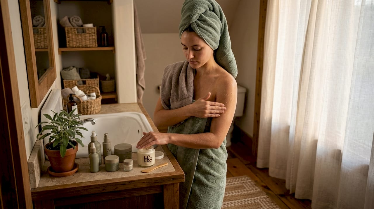 Woman applying moisturizer after shower