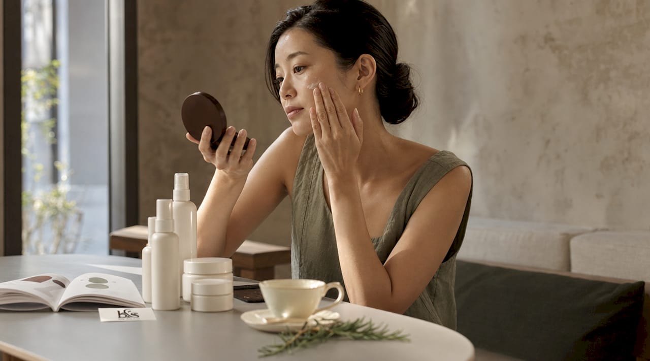 Woman applying moisturizer at vanity