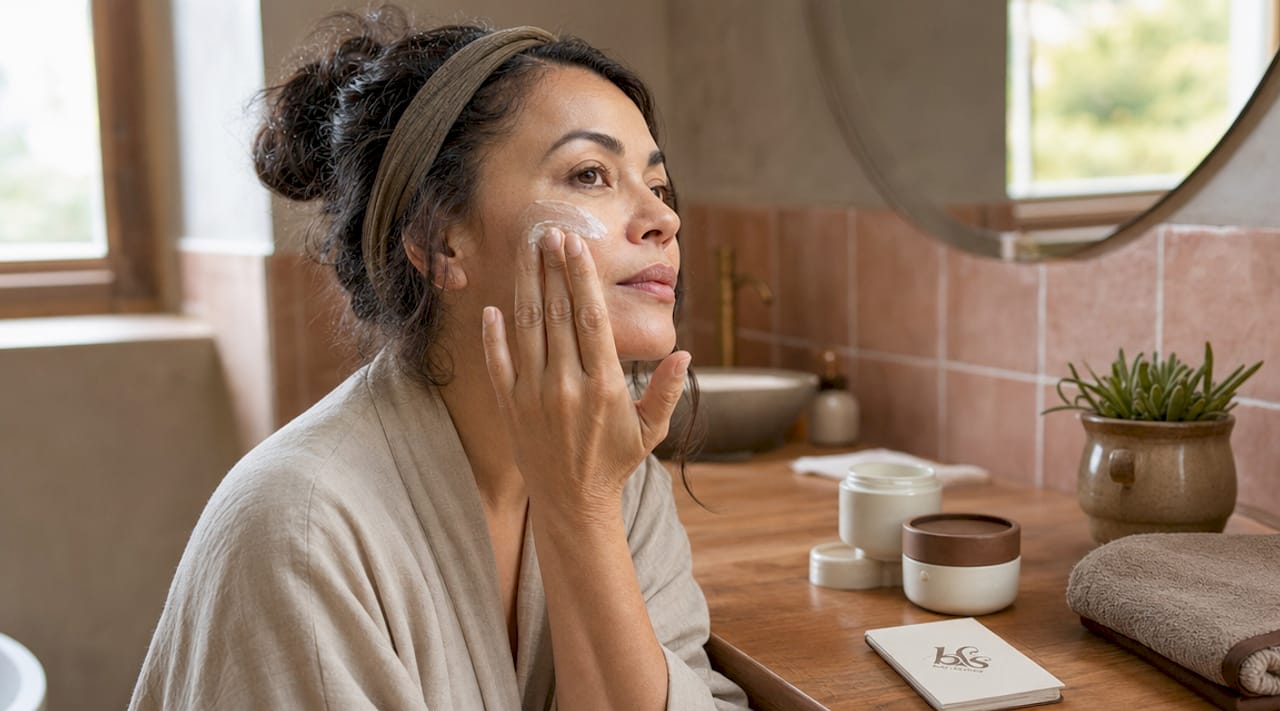Woman applying moisturizer in bathroom