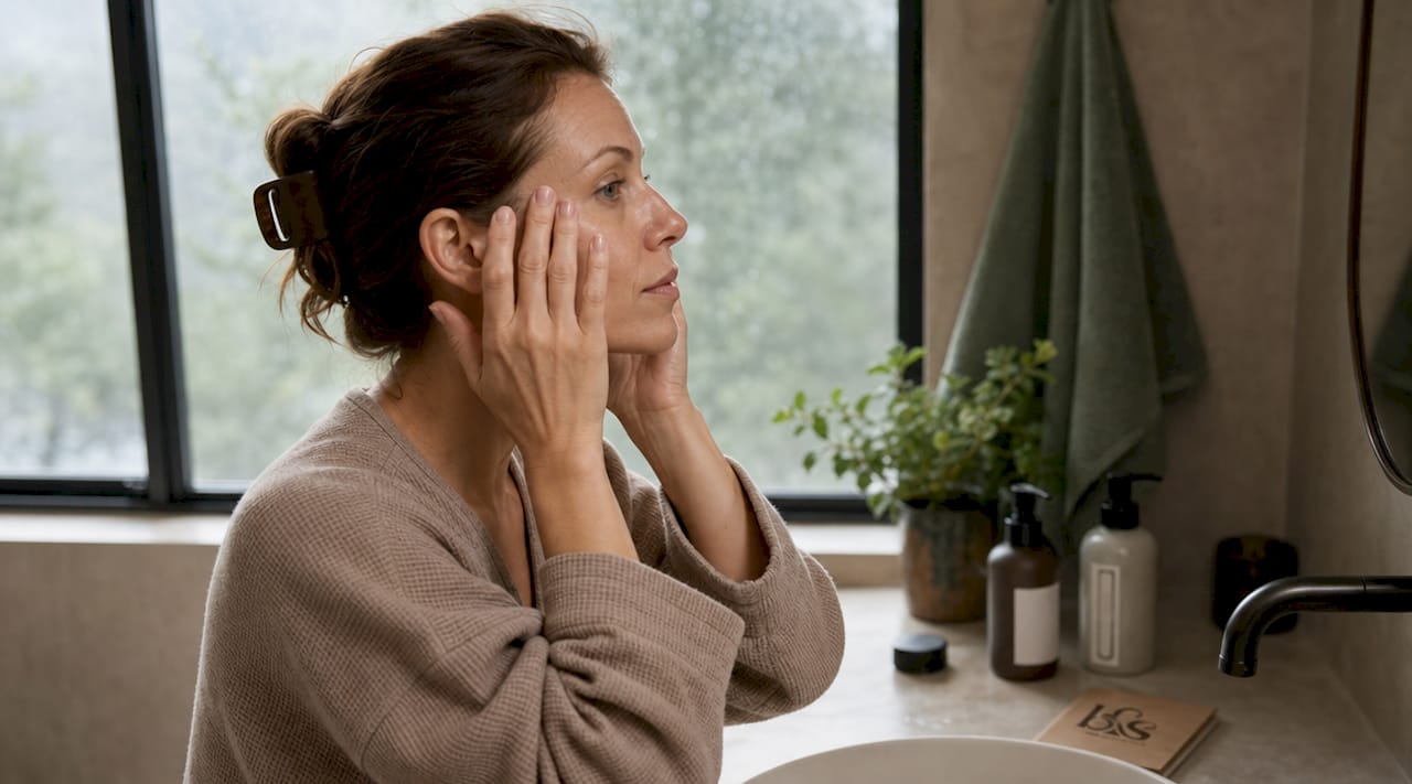 Woman applying multi-peptide serum to face