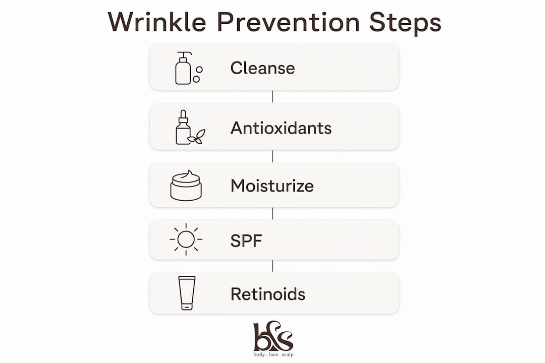 Infographic showing 5 key wrinkle prevention steps