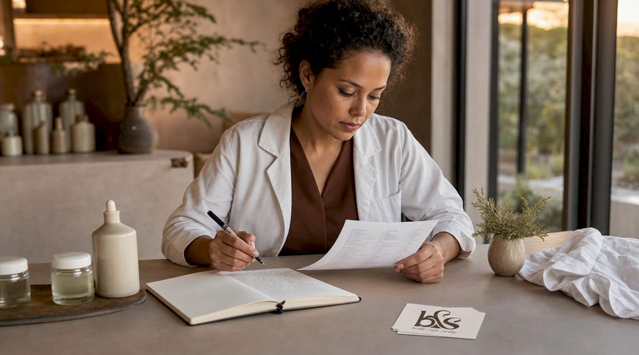 Scientist reviewing skincare ingredients list