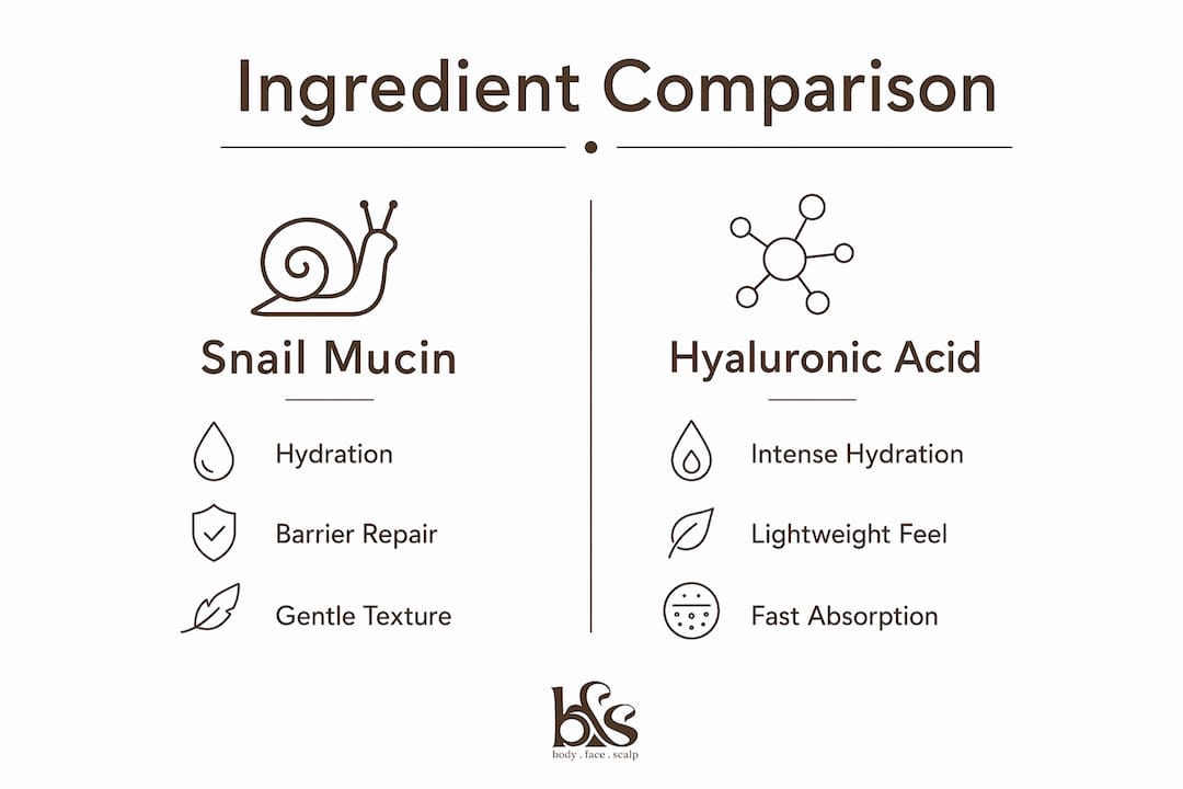 Infographic comparing snail mucin and hyaluronic acid benefits