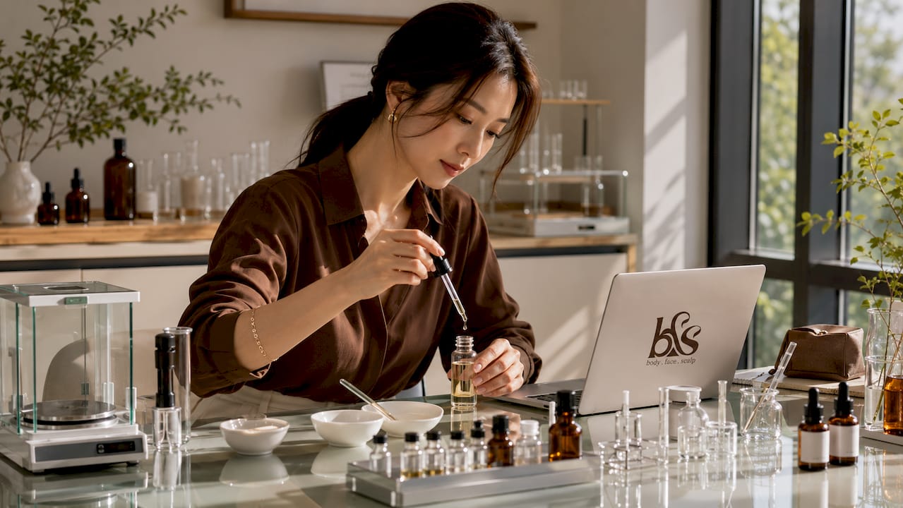 Woman mixing peptide skincare serums in lab