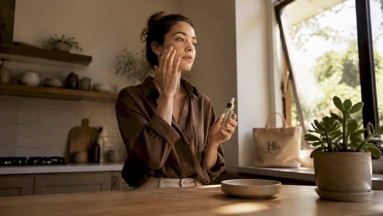 Woman applying niacinamide serum in bathroom
