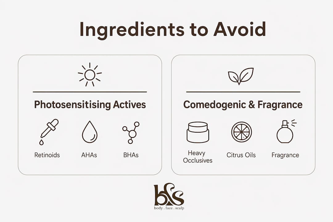 Infographic showing skincare ingredients to avoid in summer