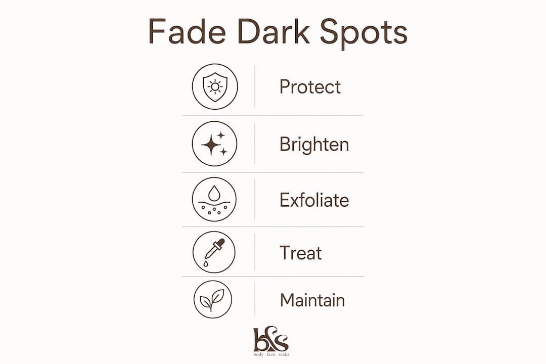 Vertical flow infographic showing steps to fade dark spots