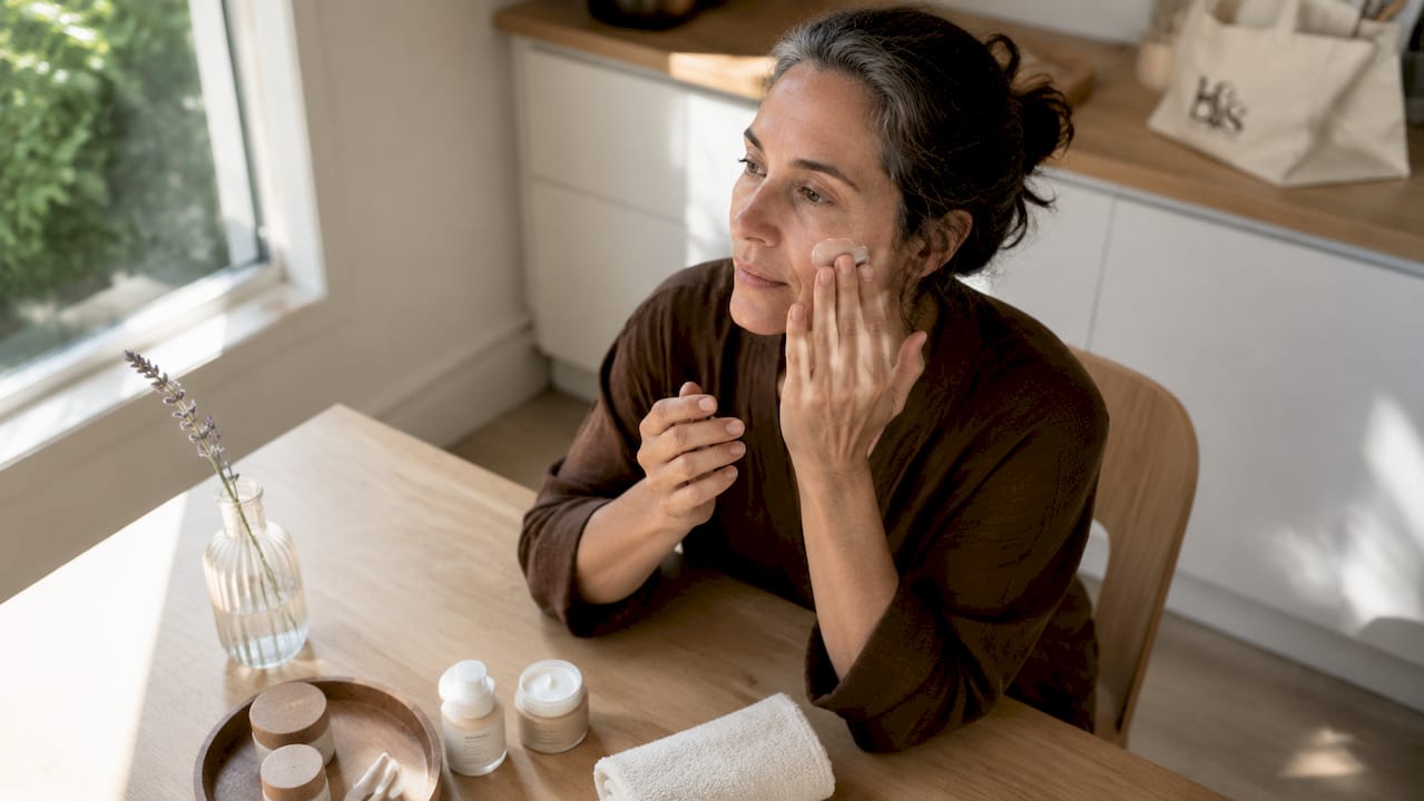 Woman applying hydrating cream in bathroom
