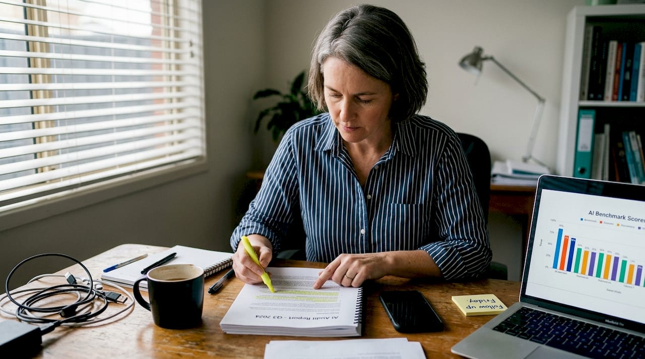 Woman annotating AI audit report at desk