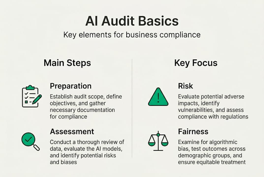 Infographic summarizing AI audit main steps and focus