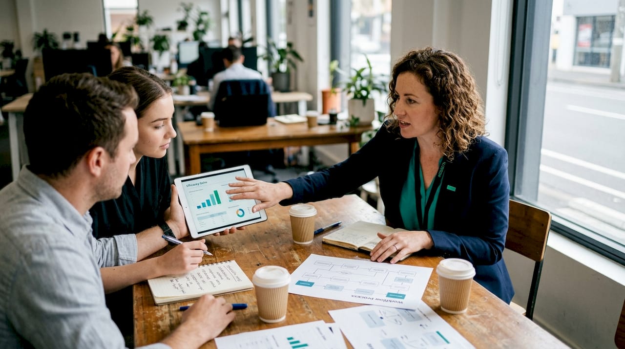 Team discussing AI efficiency in meeting