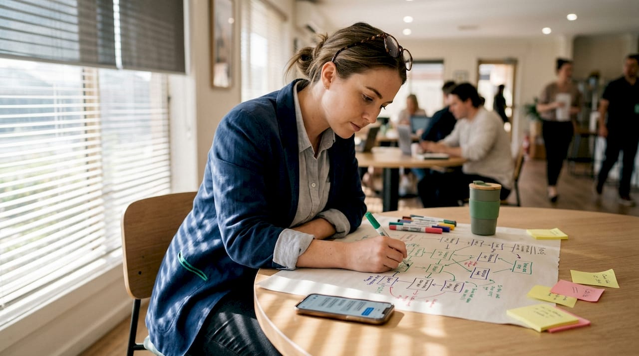Businesswoman mapping process on paper