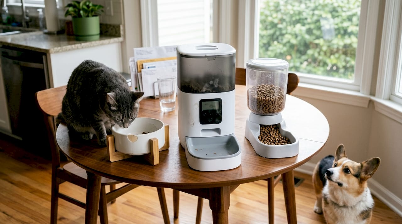 Different types of unique pet feeders on table