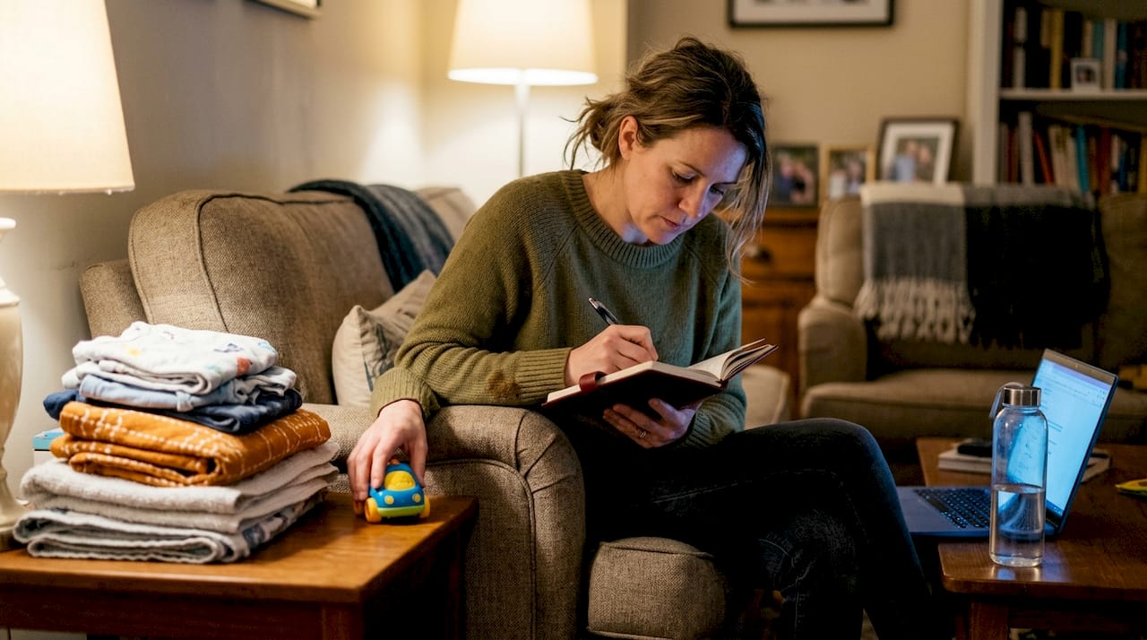 Mother writing in skincare journal at night