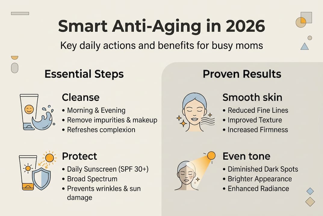 Infographic showing steps and results for anti-aging routines