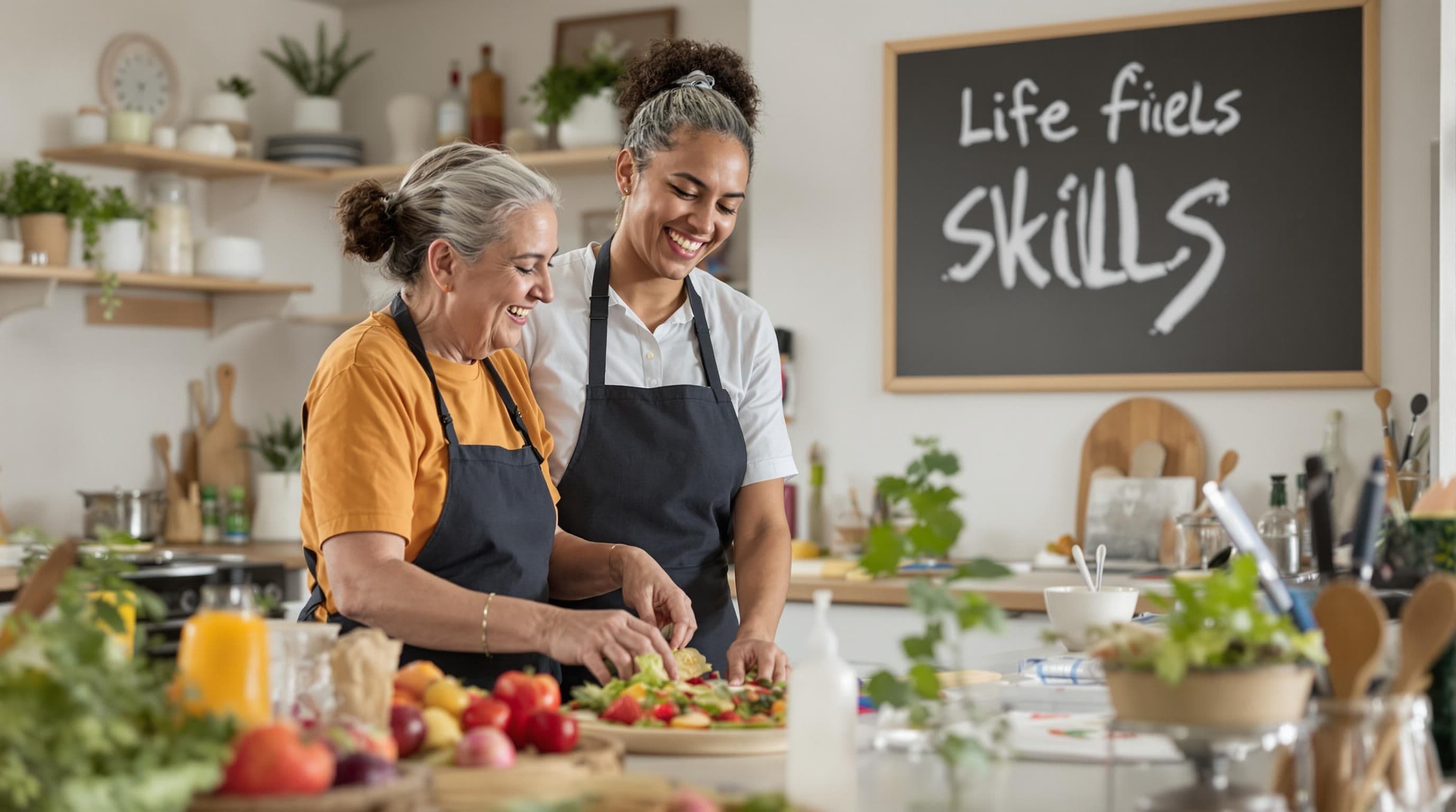 Support worker and person with disability preparing meal as life skill