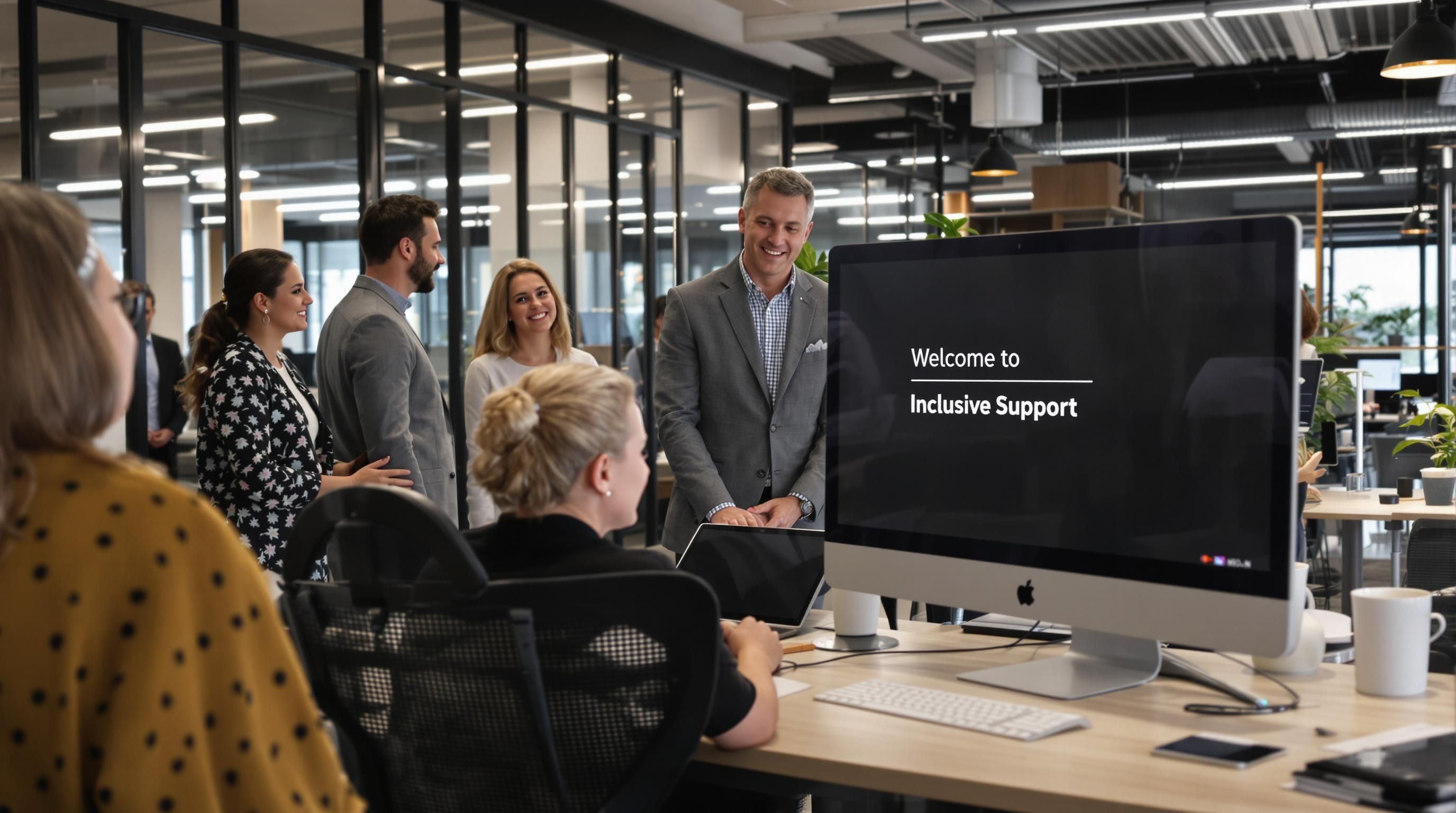 New employee with disability welcomed by employer and NDIS provider in accessible workplace