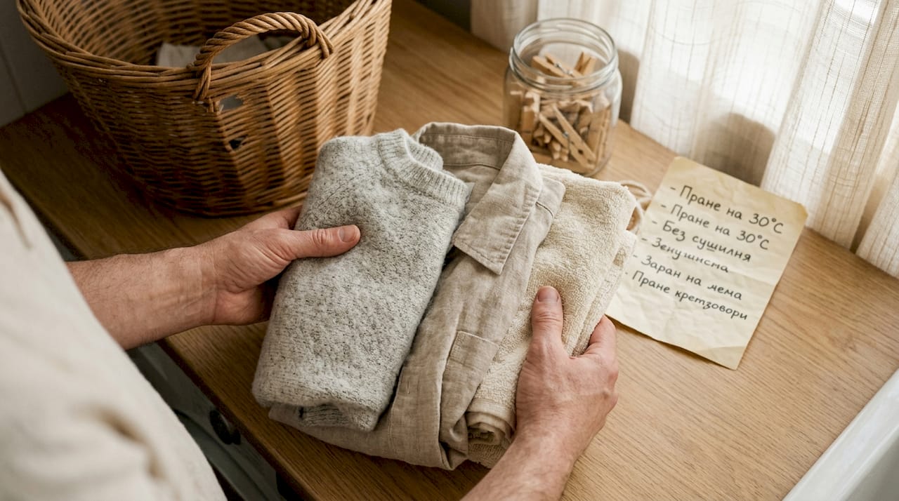 Ръце, които нежно докосват български платове, произведени с грижа и внимание към природата.