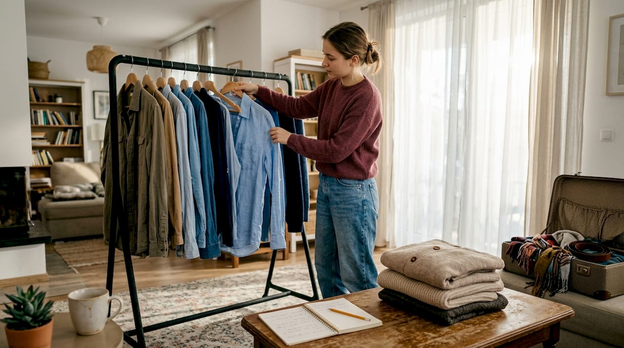 Помощникът подрежда дрехите в хола.